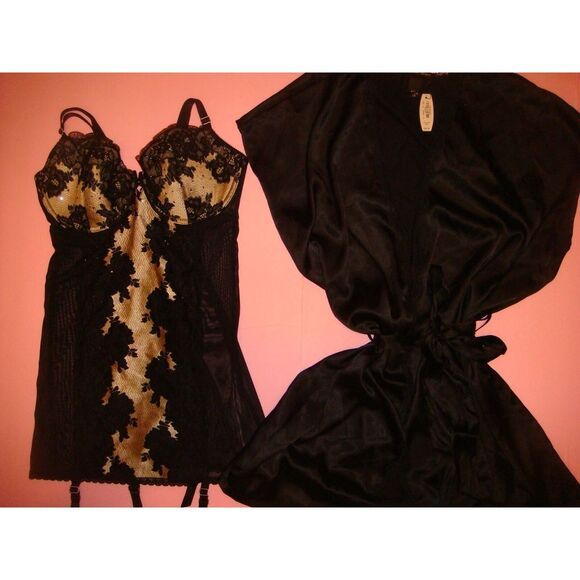 Victoria's Secret 34B GARTER SLIP DRESS Corset+M ROBE black beige Sexy Seduction - Picture 2 of 8
